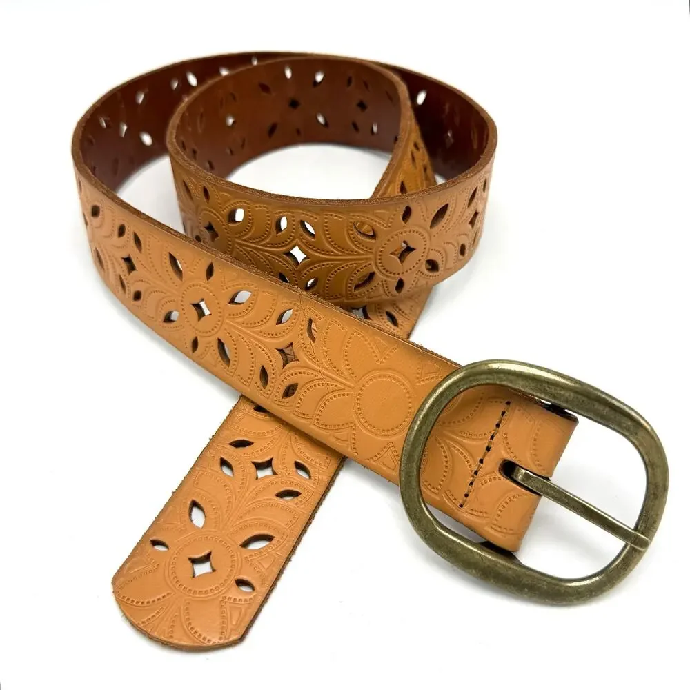 Fossil Boho Belt M 34 Tan Leather Tooled Pinwheel Cut Outs Western Hippie Y2K